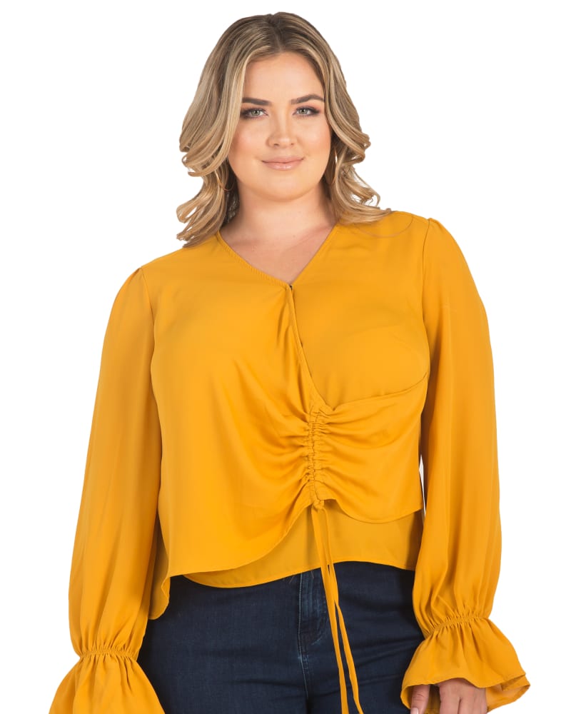 Front of a model wearing a size 1X Vera Tie-Front Blouse in Ginger by Standards & Practices. | dia_product_style_image_id:239073